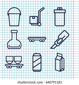 Set of 9 container outline icons such as trash bin, cutter, bucket, milk, cargo on cart, cargo wagon, bottle