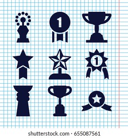 Set of 9 contest filled icons such as trophy, star trophy, number 1 medal