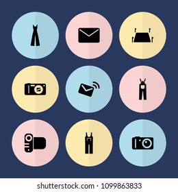 Set of 9 contour filled icons such as jumpsuit, camera, land territory