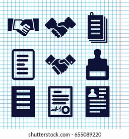 Set of 9 contract filled icons such as stamp, resume, paper, handshake, signed document