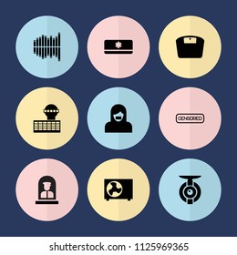 Set of 9 control filled icons such as equalizer, air conditioner, spy camera, airport officer, airport tower, floor scales, censored woman