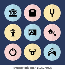 Set of 9 control filled icons such as smart home, air conditioner, switch off, joystick, medical drone, airport tower, floor scales, top of cargo box