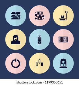 Set of 9 control filled icons such as dice game, blinds, switch off, control panel, airport officer, luggage weight, slider, censored woman