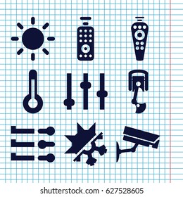 Set of 9 control filled icons such as remote control, contrast, temperature, cold and hote mode, robot arm, security camera, adjust