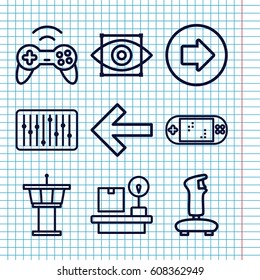 Set of 9 control outline icons such as arrow right, airport tower, lugagge weight, slider, joystick, eye scan, portable game console