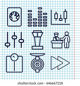 Set of 9 control outline icons such as airport tower, pass control, equalizer, fast forward, passport, spy camera, adjust, panel control