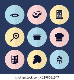 Set of 9 cook filled icons such as beef, chef hat, menu, pan, bbq