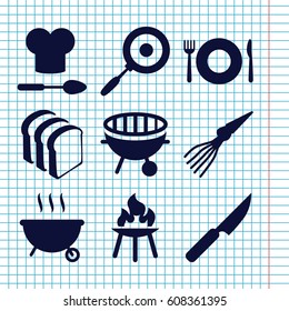 Set of 9 cook filled icons such as plate fork and spoon, bread slices, bbq, chef hat and spoon, knife, pan, barbeque