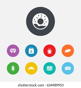 Set Of 9 Cook Icons Set.Collection Of Slice Bread, Grain, Dessert And Other Elements.