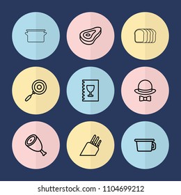 Set of 9 cook outline icons such as beef, pot, menu, hat and bow, knife, pan