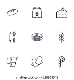 Set Of 9 Cook Outline Icons Set.Collection Of Gloves, Rolling Pin, Pancakes And Other Elements.