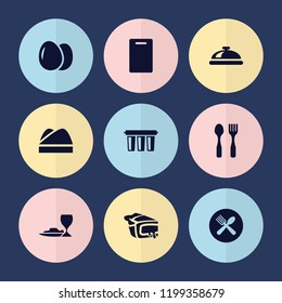 Set of 9 cooking filled icons such as egg, dish, cutting board, pie, spoon and fork, chef hat, filter, fork and spoon
