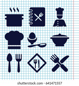 Set of 9 cooking filled icons such as spoon and fork, boiled egg, fork and knife, chef, chef hat, restaurant, menu