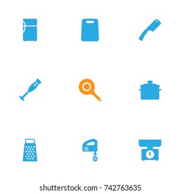 Set Of 9 Cooking Icons Set. Collection Of Refrigerator, Pan, Slicer And Other Elements.