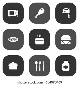 Set Of 9 Cooking Icons Set.Collection Of Saucepan, Jar, Silverware And Other Elements.