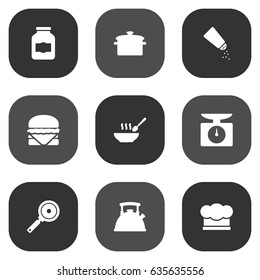 Set Of 9 Cooking Icons Set.Collection Of Broth, Jar, Weighing Machine And Other Elements.