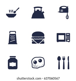 Set Of 9 Cooking Icons Set.Collection Of Sandwich, Teapot, Kitchen Rasp Elements.