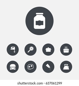 Set Of 9 Cooking Icons Set.Collection Of Non-Stick, Saltshaker, Teapot And Other Elements.
