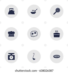 Set Of 9 Cooking Icons Set.Collection Of Eggs, Non-Stick, Pepperoni And Other Elements.