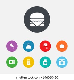 Set Of 9 Cooking Icons Set.Collection Of Electronic Oven, Saucepan, Jar And Other Elements.