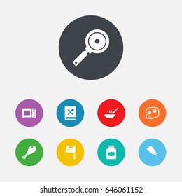Set Of 9 Cooking Icons Set.Collection Of Poultry Foot, Jar, Electronic Oven And Other Elements.