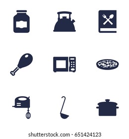 Set Of 9 Cooking Icons Set.Collection Of Blender, Scoop, Saucepan And Other Elements.