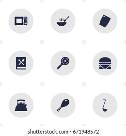 Set Of 9 Cooking Icons Set.Collection Of Cutting Surface, Scoop, Sandwich Elements.
