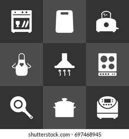 Set Of 9 Cooking Icons Set.Collection Of Pinafore, Skillet, Pan And Other Elements.
