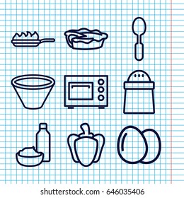 Set of 9 cooking outline icons such as egg, pepper, drink and food, pie, spoon, bowl, pan-fry