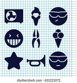 Set of 9 cool filled icons such as star, nippers, laughing emot, cool emot in sunglasses, ice cream, air conditioner