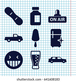 Set of 9 cool filled icons such as car, clean fridge, laughing emot, ice cream on stick, medical bottle, open air, soda