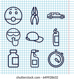 Set of 9 cool outline icons such as cleanser, nippers, medical bottle, stopwatch, baseball cap, cool emot, surprised emot