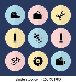 Set of 9 copy filled icons such as disc on fire, disc flame, scissors, documents box, document in folder
