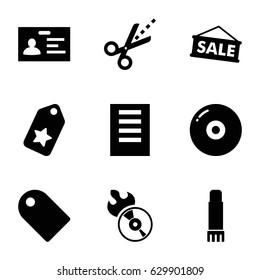 set of 9 copy filled icons such as badge, disc flame, scissors, glue pen, document, tag, sale