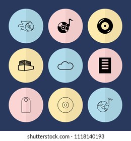 Set of 9 copy filled and outline icons such as disc on fire, document, documents box, cloud, disc, disc flame