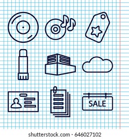 Set of 9 copy outline icons such as badge, paper, disc on fire, documents box, glue pen, cloud, sale tag