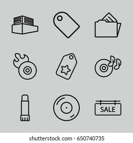 set of 9 copy outline icons such as disc on fire, disc flame, documents box, document in folder, glue pen, sale tag