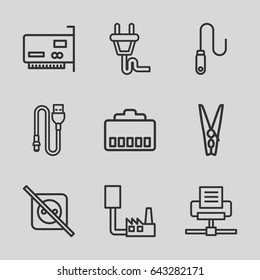 Set of 9 cord outline icons such as cloth pin, wire, plug, phone cable