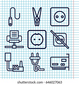 Set of 9 cord outline icons such as plug socket, cloth pin, wire, plug, no plug