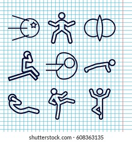 Set of 9 core outline icons such as abdoninal workout, atom fusion, core