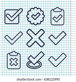 Set of 9 correct outline icons such as tick, cross, clipboard with tick