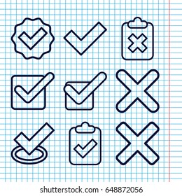 Set of 9 correct outline icons such as tick, cross, clipboard with tick
