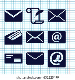Set of 9 correspondence filled icons such as feather and paper, email, at email, mail, letter