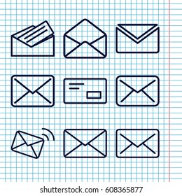 Set of 9 correspondence outline icons such as envelope, mail, letter