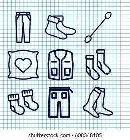 Set of 9 cotton outline icons such as baby socks, pillow with heart on it, cotton buds, socks, sleeveless shirt