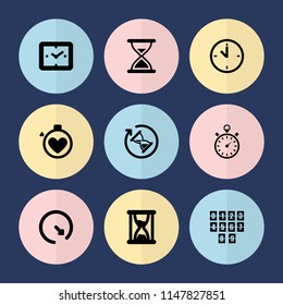 Set of 9 countdown filled icons such as stopwatch, wall clock, hourglass, digital clock