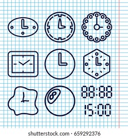 Set of 9 counter outline icons such as wall clock, digital time