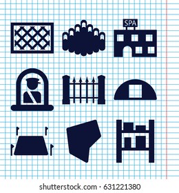 Set of 9 country filled icons such as airport officer, fence, spa building, cargo barn, harmonica