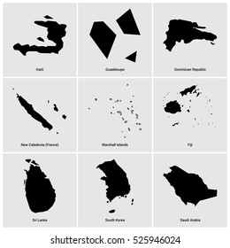 Set of 9 Country maps with name alphabetically sorted with the names of the countries