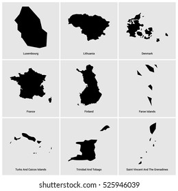 Set of 9 Country maps with name alphabetically sorted with the names of the countries